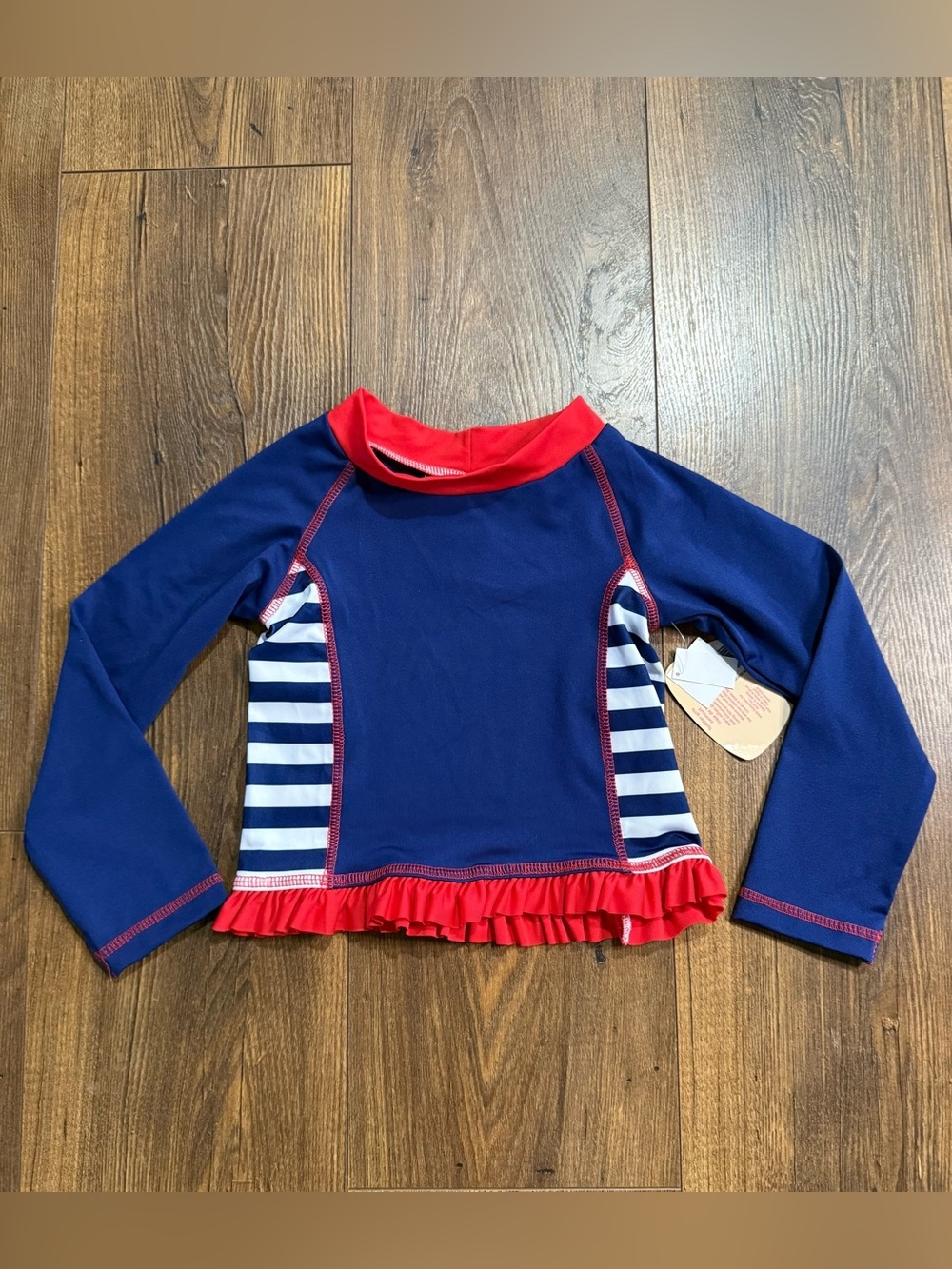 Lily & Dan Girls Rash Guard Swim Top 4T Navy Blue Red Striped UPF 50+ NWT